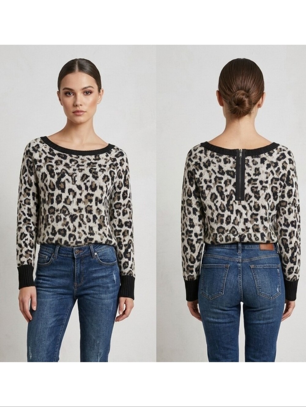 Linda Matthews Leopard Print Knit Sweater Green Black Cream Size M